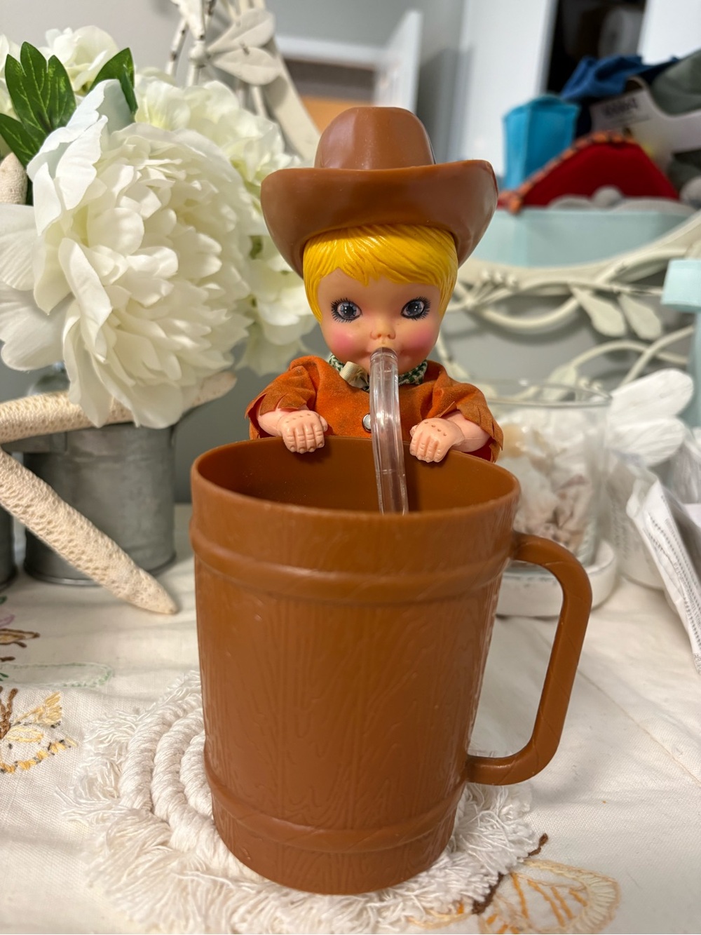 1972 General Mills Vintage Cowgirl Sip Along Sue cup Doll Sipping from barrel